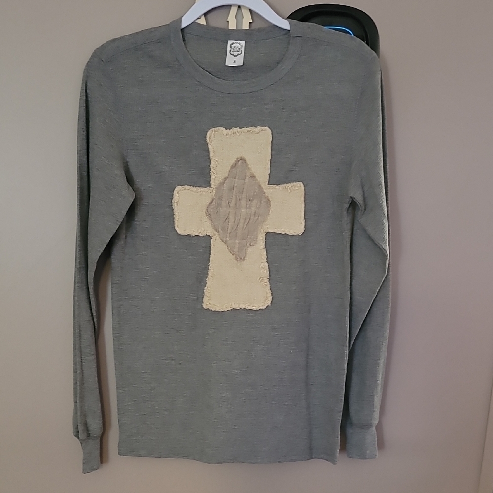 Crewneck Gray Sweater with Cream Cross Design